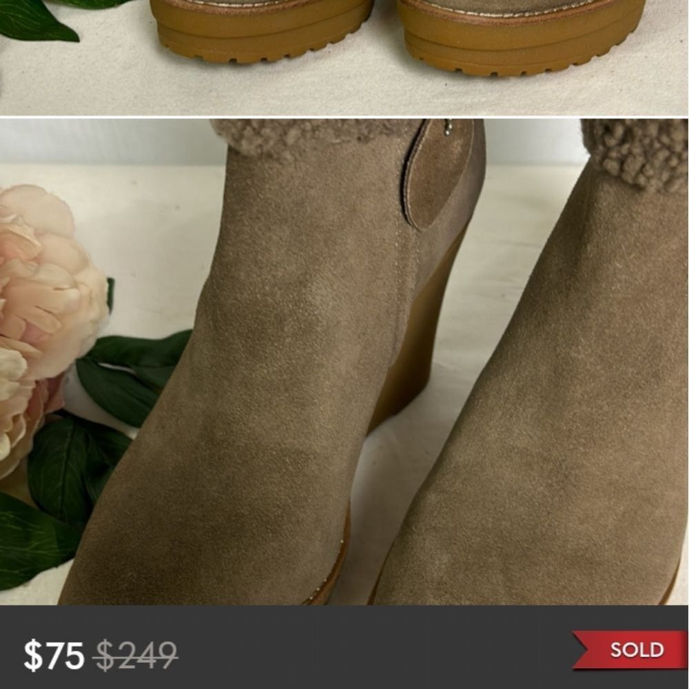 Lauren Ralph Lauren Steph Taupe Side Zip Shearling Cuff Suede Wedge Boot… - Picture 6 of 6